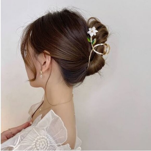 🌷2/35🌷NWT Elegant Gold Metal Enamel Flower Hair Claw Hair Clip - Picture 5 of 12